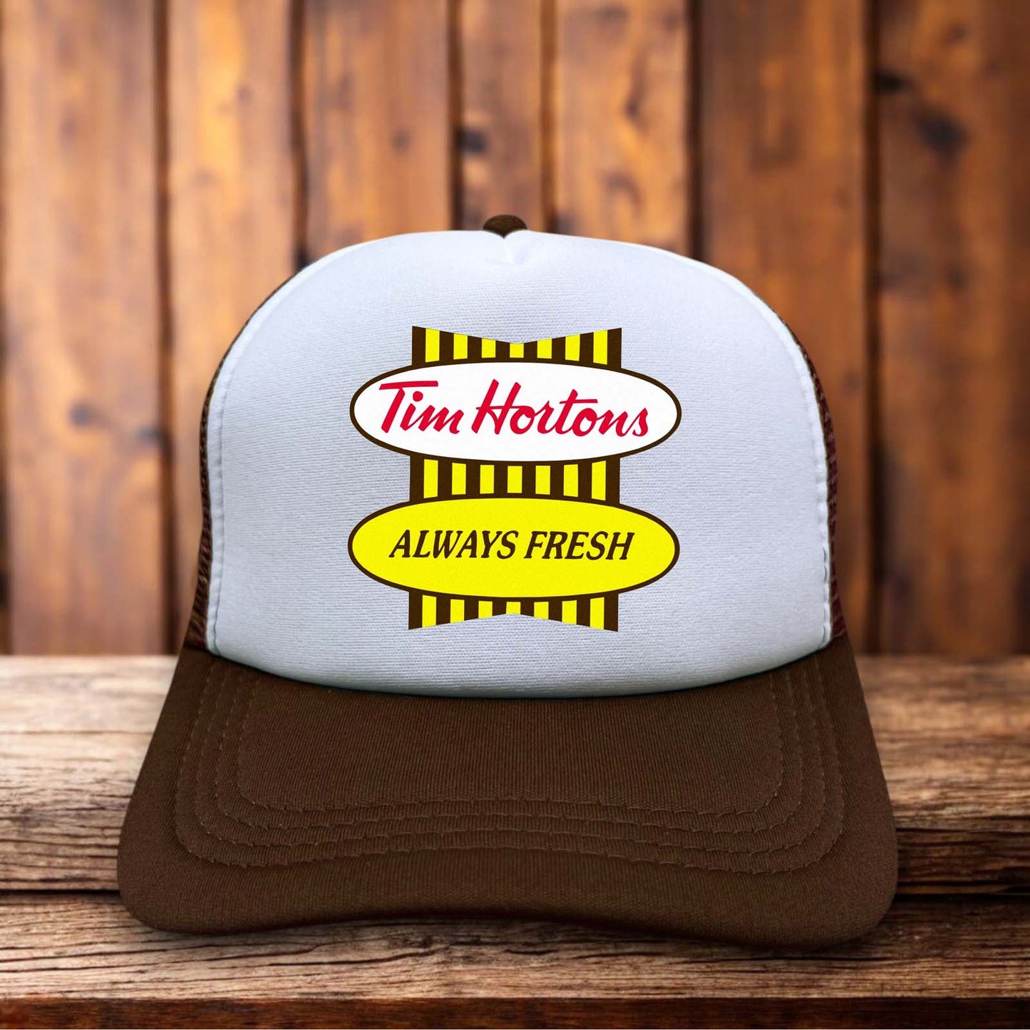 Tim Hortons Throwback Trucker Hat classic vintage coffee script logo patch snapback by Retro Roots Headwear
