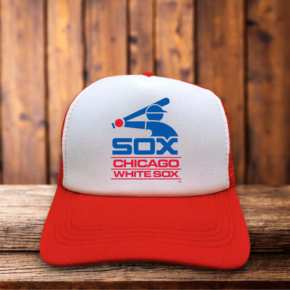 Retro trucker hat featuring the vintage Chicago White Sox logo in black and white on a structured foam front.