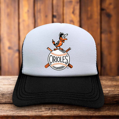 Baltimore Orioles 1954 Vintage Logo Trucker Hat classic MLB retro design snapback by Retro Roots Headwear
