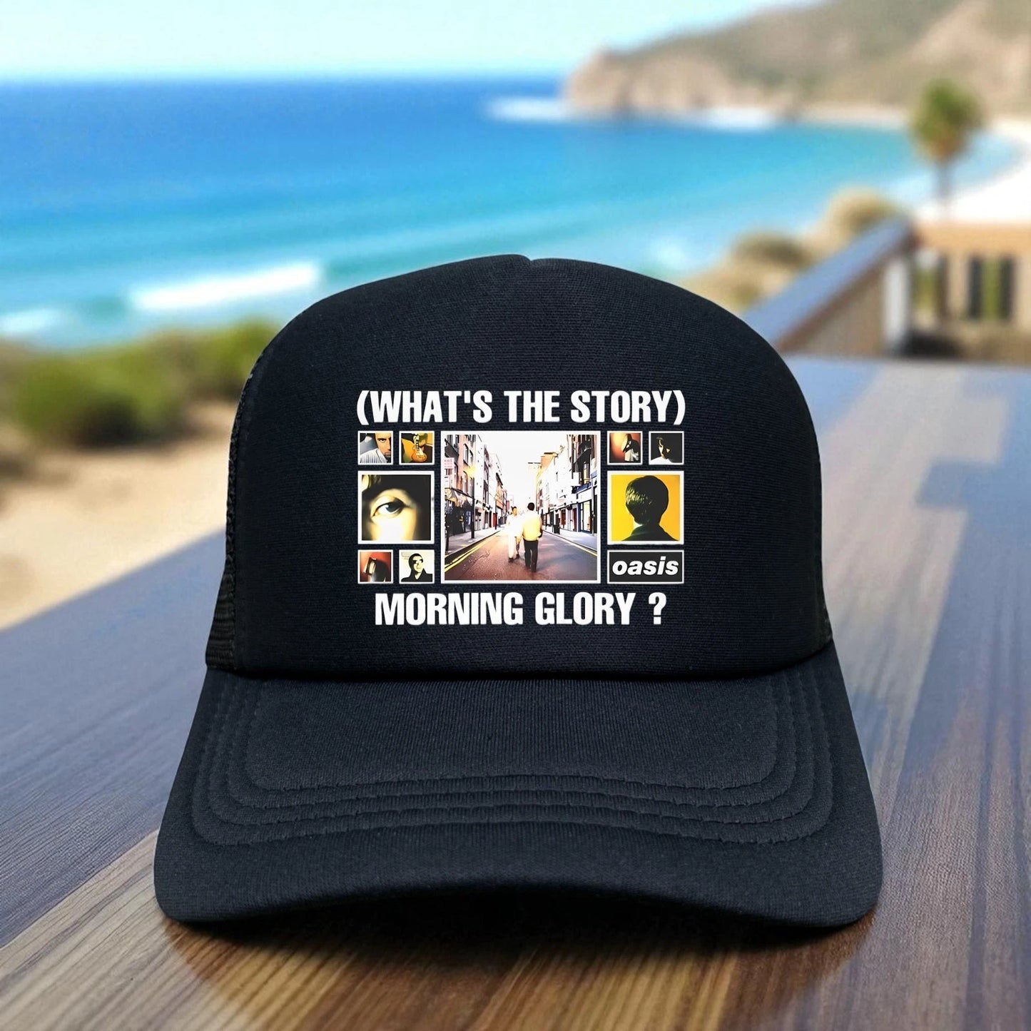 Vintage style trucker hat featuring the Oasis What's The Story Morning Glory logo on a structured foam front. On clearance!