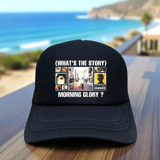 Vintage style trucker hat featuring the Oasis What's The Story Morning Glory logo on a structured foam front. On clearance!
