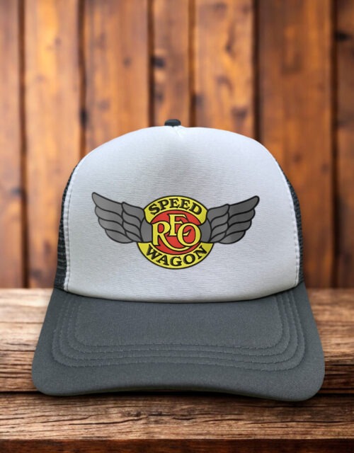 REO Speedwagon trucker hat with vintage band logo and mesh snapback design