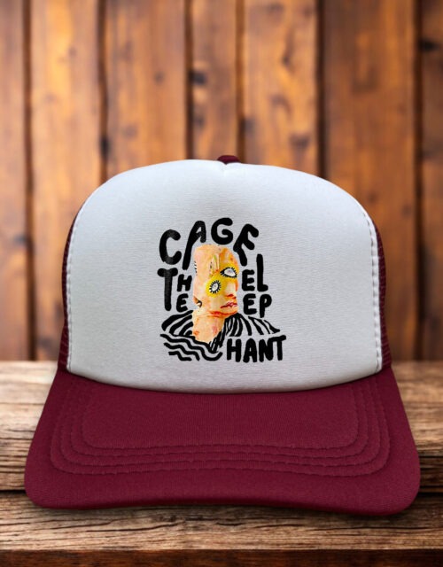Cage The Elephant trucker hat with band logo and maroon mesh snapback design