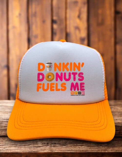Dunkin Donuts Caffeine trucker hat with retro logo and mesh snapback design