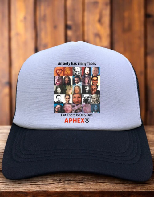Aphex Anxiety trucker hat with bold graphic design and mesh snapback style
