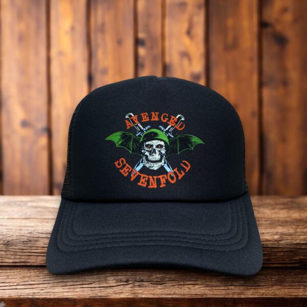 Avenge Sevenfold Trucker Hat with embroidered band logo, foam front, and mesh back