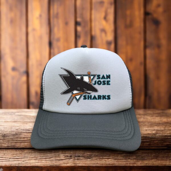 San Jose Sharks Trucker Hat with embroidered team logo in teal, black, and white, foam front, and mesh back