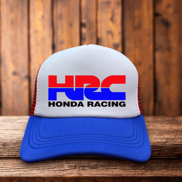 HRC Honda Racing Trucker Hat with embroidered HRC logo, foam front, and mesh back for motocross and Honda fans