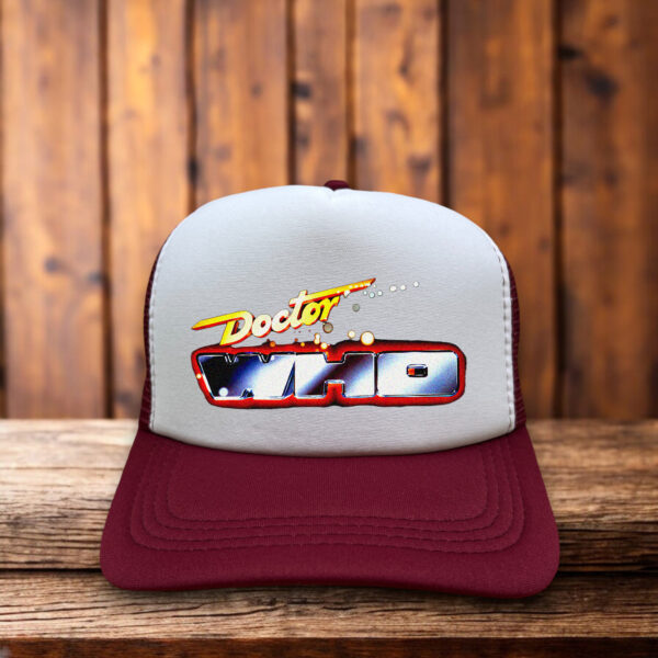 Doctor Who Men’s Trucker Hat in maroon with snapback, TARDIS design, retro sci-fi TV fan cap