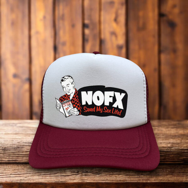 NOFX Men’s Trucker Hat in maroon with snapback, punk rock band design, breathable mesh-back cap