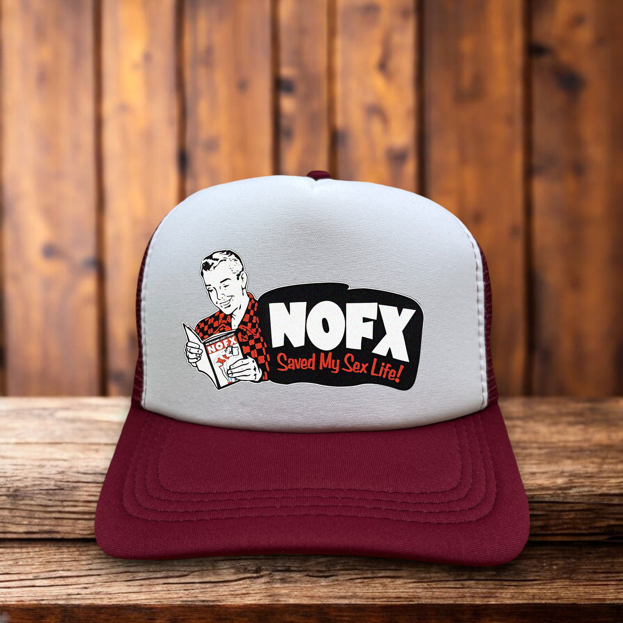 NOFX Men’s Trucker Hat in maroon with snapback, punk rock band design, breathable mesh-back cap