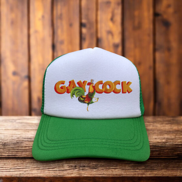 Gay Cock trucker hat with colorful novelty design and mesh back.
