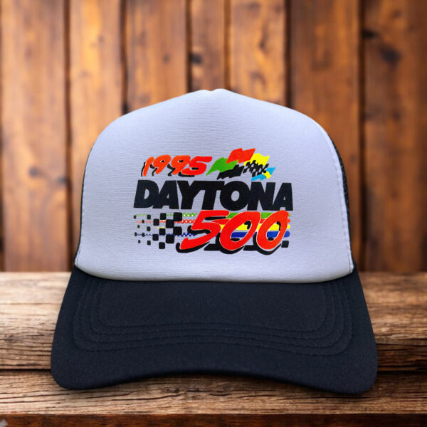 1995 Daytona 500 Trucker Hat with retro racing logo, foam front, and mesh back