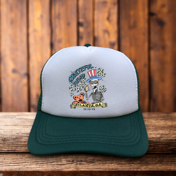 Grateful Dead 1973 Atlanta Georgia trucker hat with vintage tour design and mesh back.