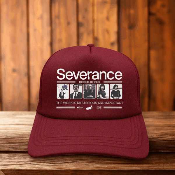 Severance Mens Trucker Hat Maroon featuring ‘Work Is Mysterious & Important’ slogan from TV show Lumon Industries dark office satire