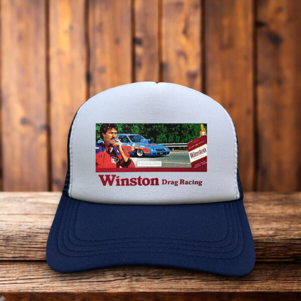 Winston Drag Racing trucker hat with vintage racing logo and mesh back.
