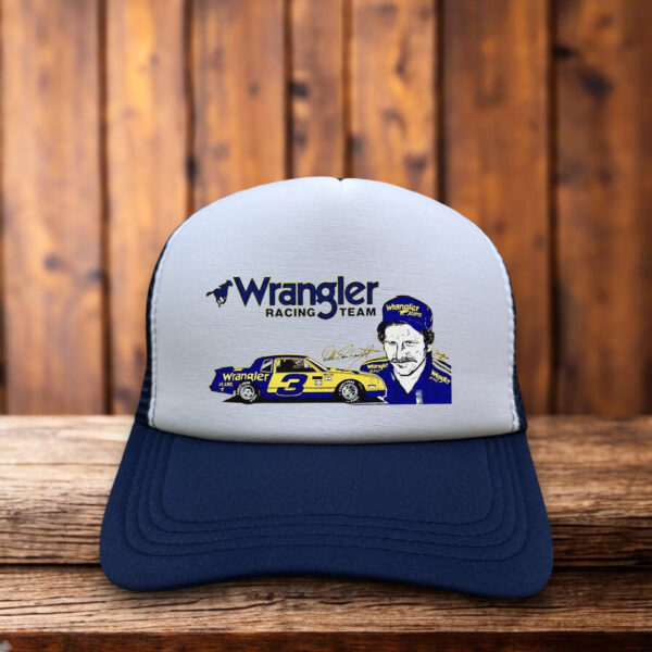 Wrangler Racing Dale Earnhardt trucker hat with vintage NASCAR logo and mesh back.