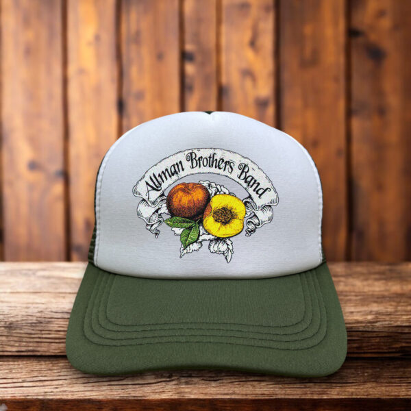 Allman Brothers peach trucker hat with vintage-inspired peach graphic on a classic foam-front trucker silhouette.