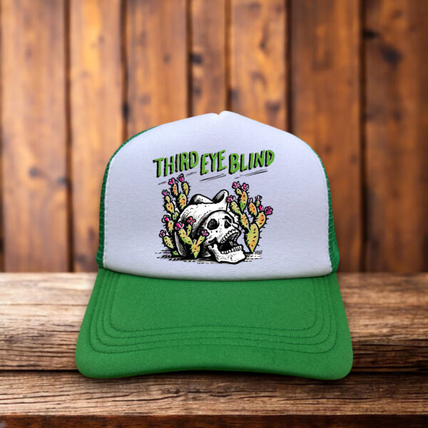 Third Eye Blind trucker hat with iconic band logo, foam front, and mesh back. A must-have for fans of the 90s alt-rock era.