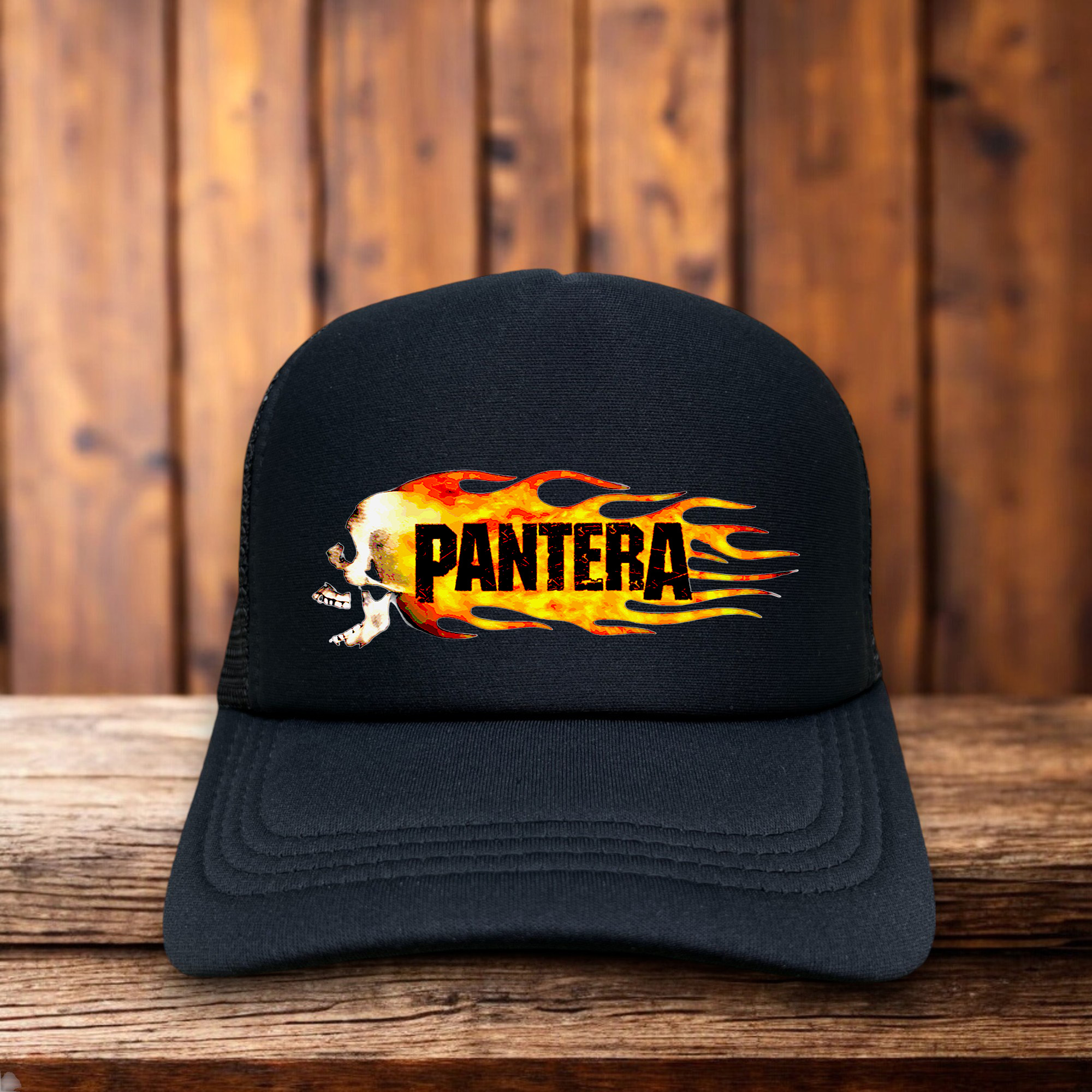 Pantera trucker hat with bold band logo, foam front, and mesh back. A metalhead’s tribute to the 90s legends.