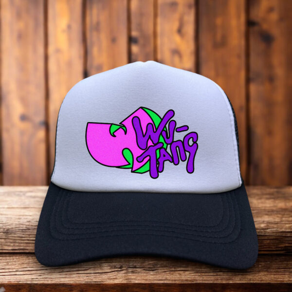 Wu-Tang Clan trucker hat featuring black-and-yellow logo inspired by 1990s hip-hop culture.