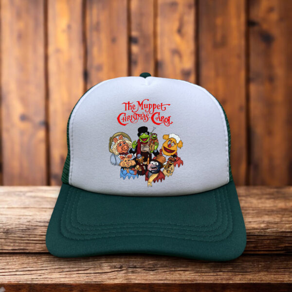 Muppets Christmas Carol trucker hat with Kermit and Miss Piggy, a perfect festive accessory for Muppets fans this holiday season.