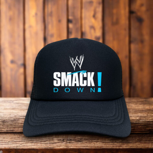Retro WWF SmackDown trucker hat with blue and black logo and mesh back on a clean background.