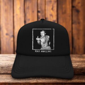 An all-black trucker hat with a structured foam front featuring a vintage black and white image of Phil Collins giving the middle finger.