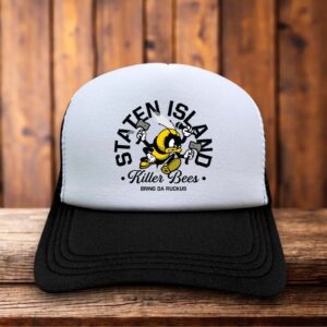 A black and white trucker hat featuring a white foam front with the iconic Wu-Tang Killa Beez logo and black mesh back.