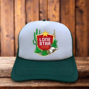 A retro trucker hat featuring the Lone Star Beer logo and a green cactus illustration on a structured foam front.