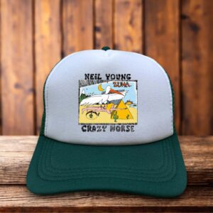 A retro trucker hat with a white foam front featuring the iconic Neil Young Crazy Horse logo and a black mesh back.