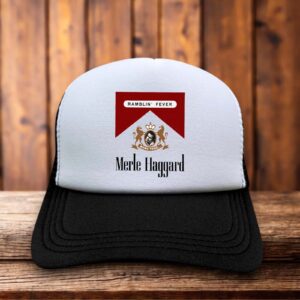 A retro trucker hat featuring bold "Ramblin' Fever" typography and a Merle Haggard graphic on a structured foam front.
