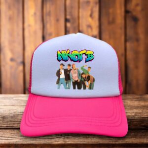 A vibrant neon pink trucker hat with a structured foam front featuring the classic New Kids On The Block logo in black and white.