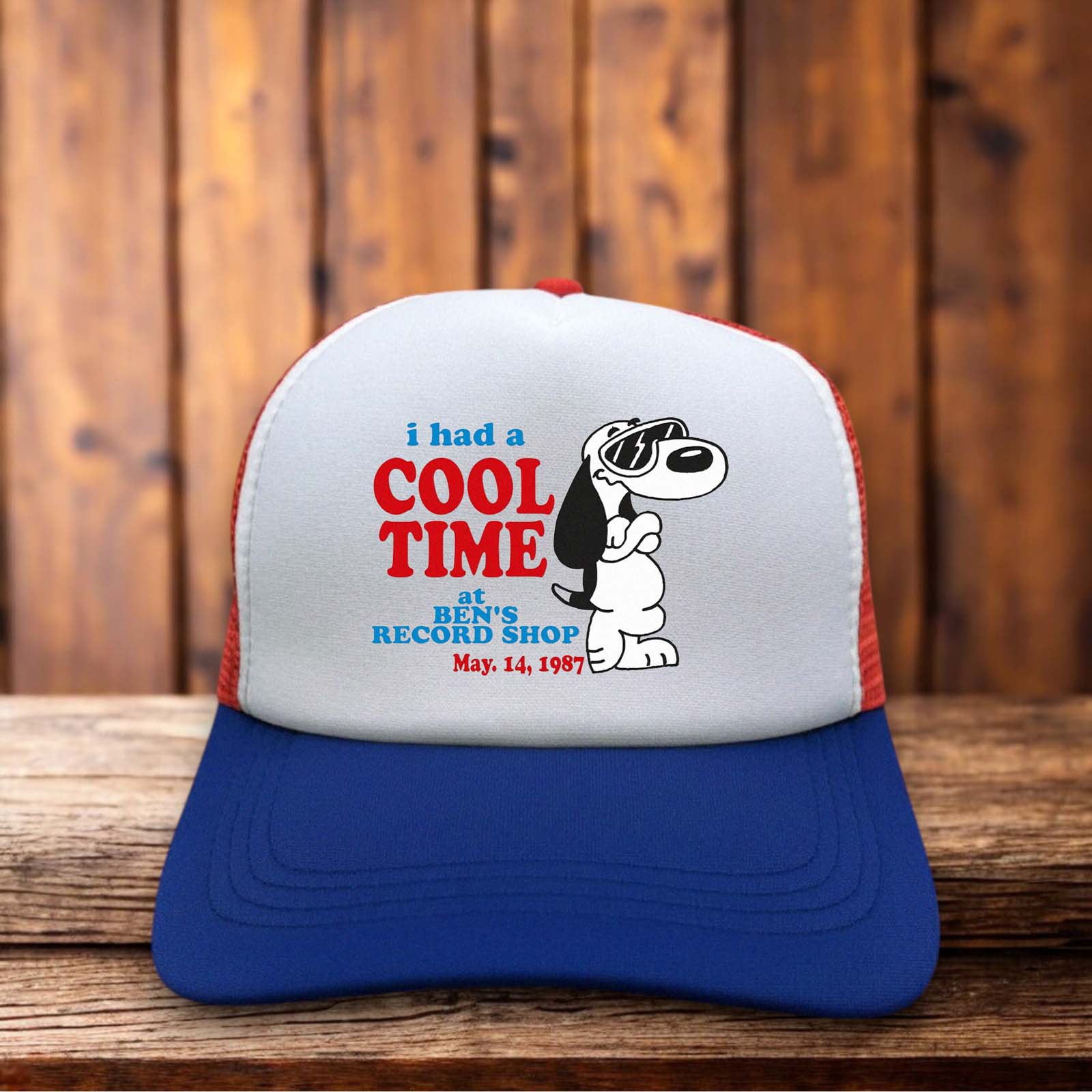 Snoopy Ben's Record Shop 1997 retro trucker hat with vintage music store graphic on navy and white snapback cap by Retro Roots Headwear
