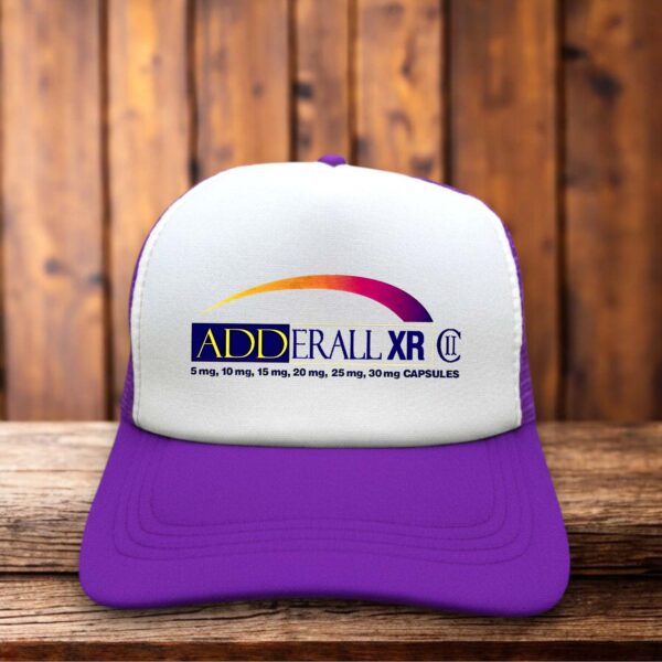 Purple retro trucker hat featuring a white Adderall XR pharmaceutical-style logo on a structured foam front.