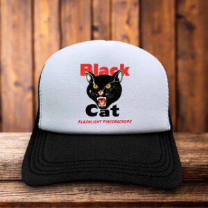 Black Cat Fireworks trucker hat with retro fireworks branding and mesh back