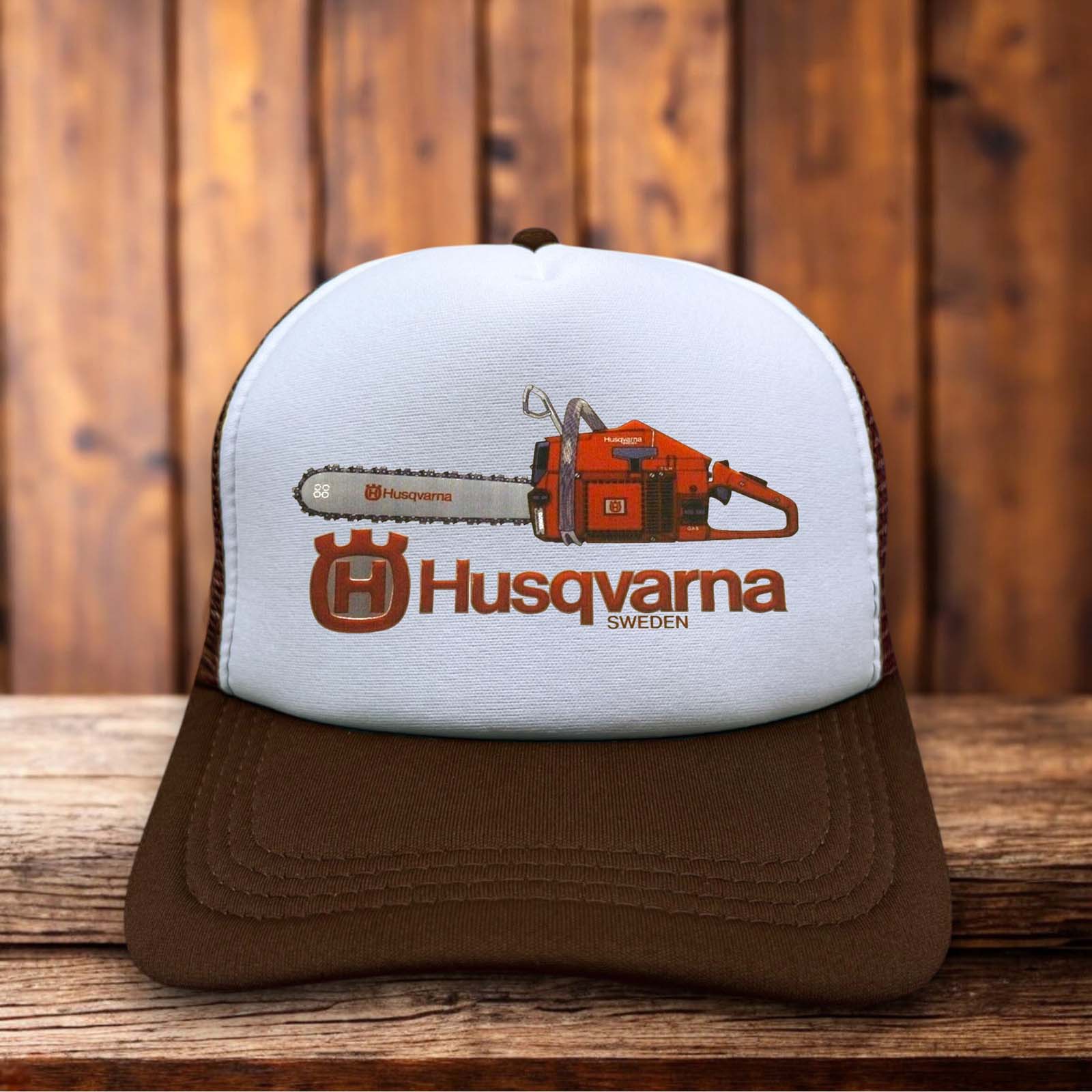 Husqvarna Chainsaws Retro Trucker Hat vintage workwear orange blue snapback by Retro Roots Headwear