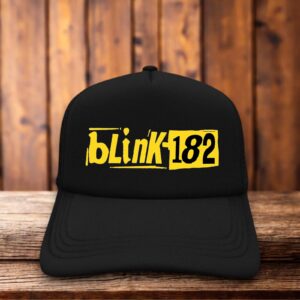Black retro trucker hat featuring the Blink-182 logo in vintage-style typography on a structured foam front.