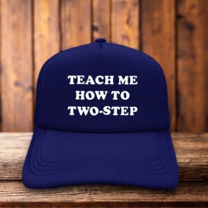 A two-toned polyester trucker hat featuring vintage western-style typography.