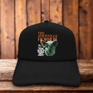 A solid black trucker hat featuring the vintage logo from the 1979 film The Amityville Horror.