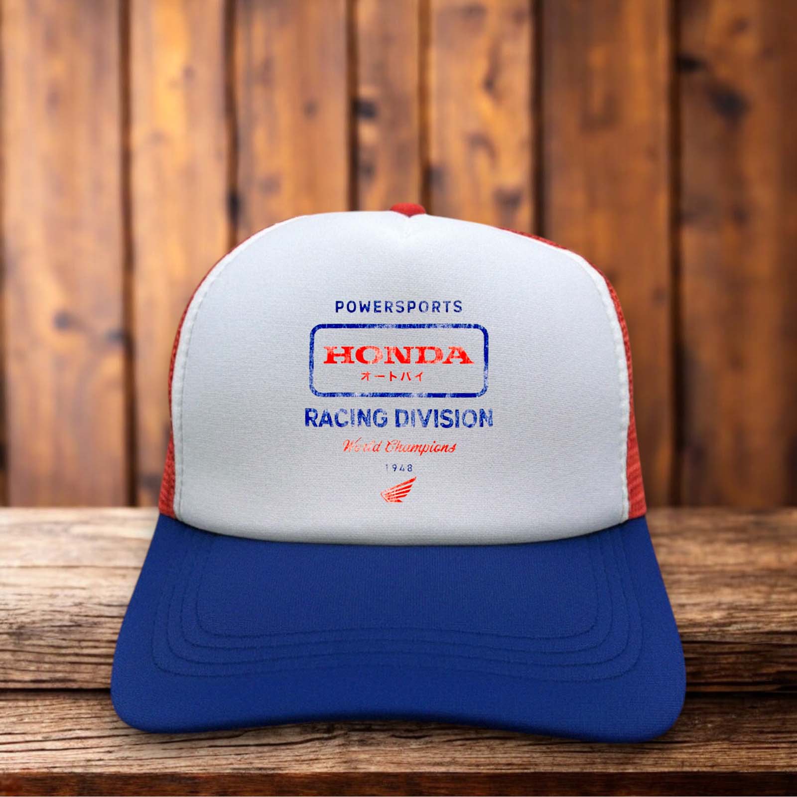 A vintage-style trucker hat featuring the Honda Racing Division logo with Japanese katakana text.
