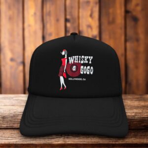 A solid black trucker hat featuring the iconic vintage Whiskey A Go Go logo in white.