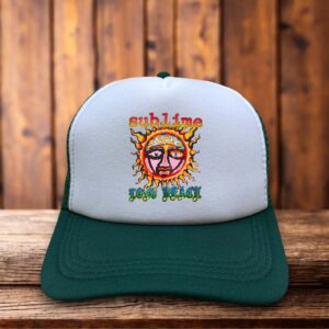 A vintage-style trucker hat featuring the iconic Sublime logo and Long Beach text.