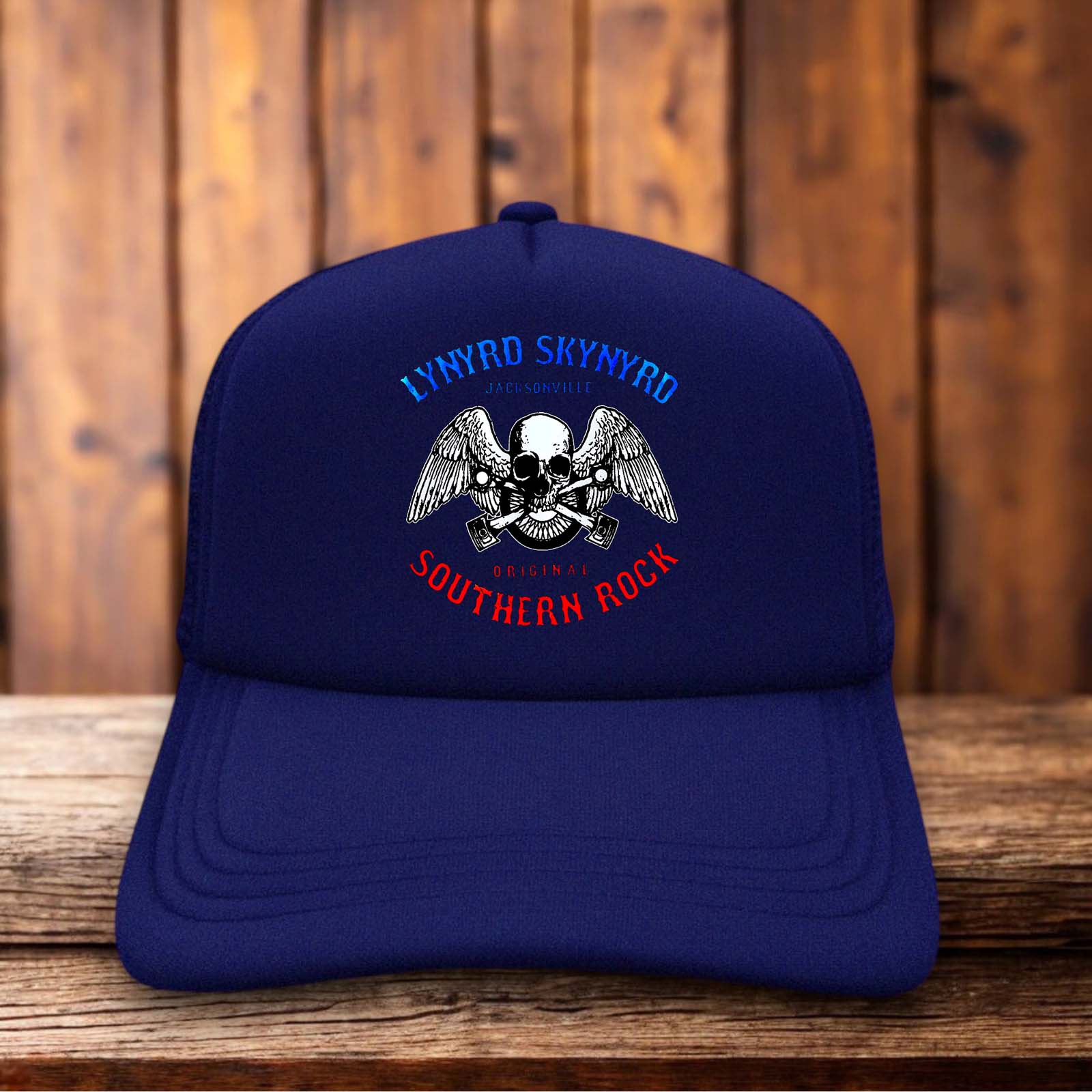 A vintage-style trucker hat featuring the iconic Lynyrd Skynyrd logo with southern rock typography.