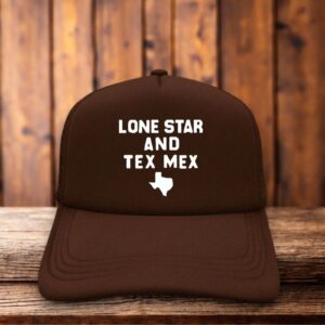 A vintage-style trucker hat featuring Lone Star and Tex-Mex typography in a retro 70s layout.