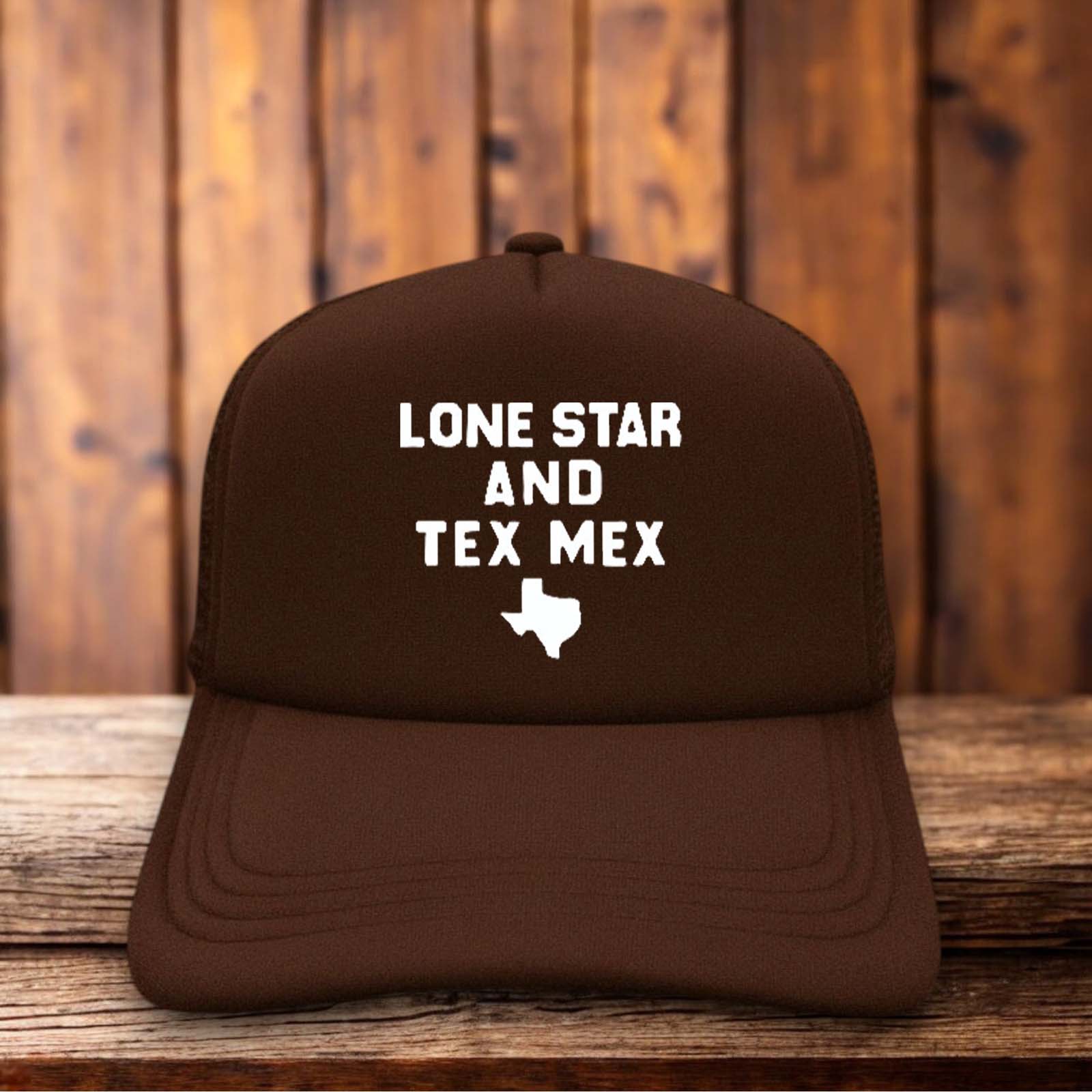A vintage-style trucker hat featuring Lone Star and Tex-Mex typography in a retro 70s layout.