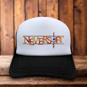 A vintage-style trucker hat featuring the iconic Neversoft eye logo and Tony Hawk's Pro Skater text.