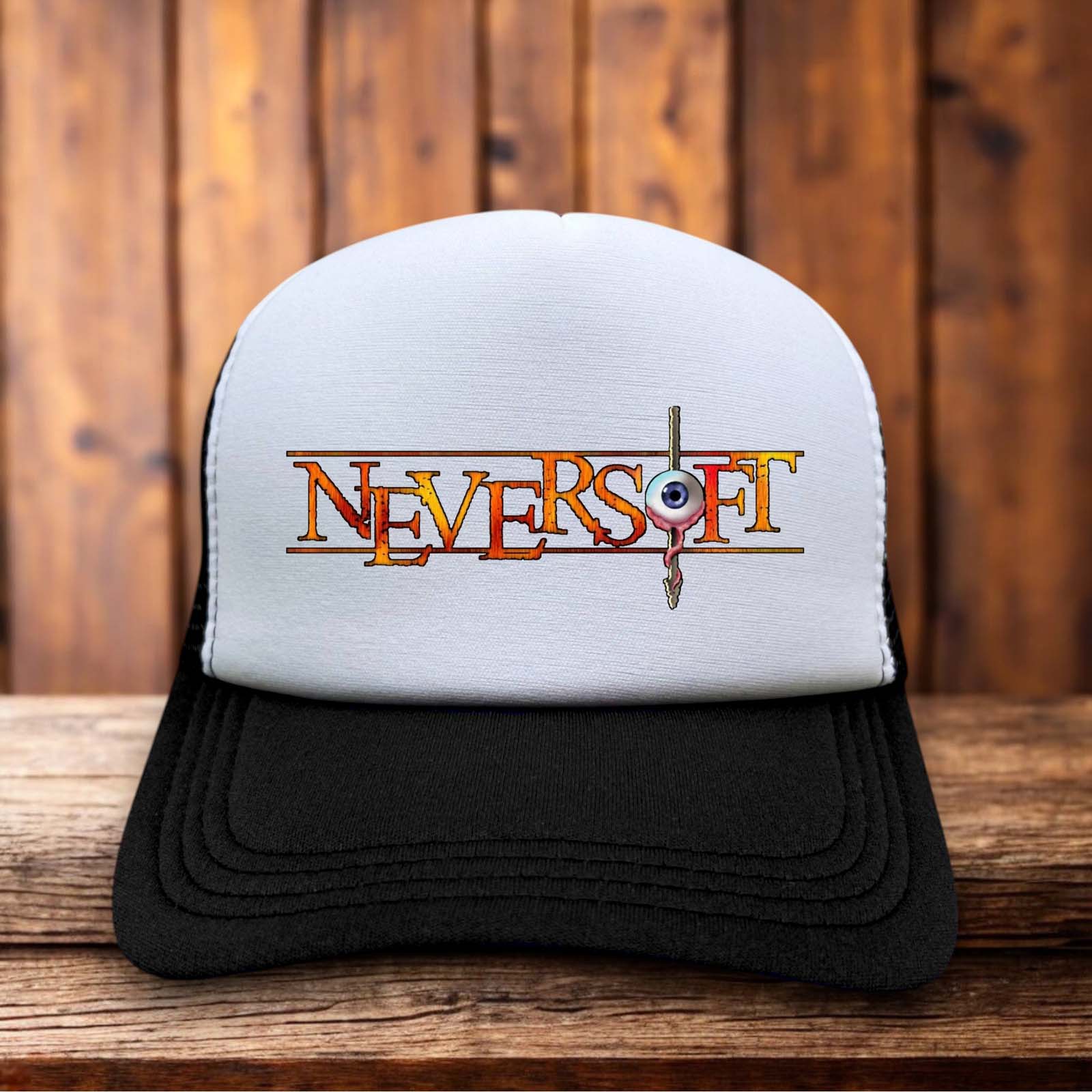 A vintage-style trucker hat featuring the iconic Neversoft eye logo and Tony Hawk's Pro Skater text.