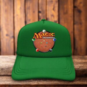 A classic trucker hat with a blue foam front featuring the original 1993 Magic The Gathering logo with its iconic multi-colored lettering and "Deckmaster" oval design.