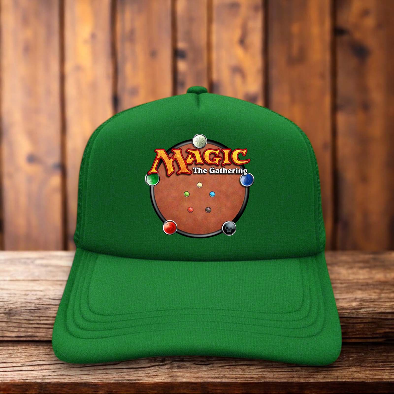 A classic trucker hat with a blue foam front featuring the original 1993 Magic The Gathering logo with its iconic multi-colored lettering and "Deckmaster" oval design.